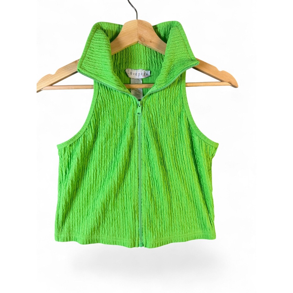 Love Poem Lime Green Crinkle Popcorn Zip Up Mock Neck Sleeveless Crop Top Small